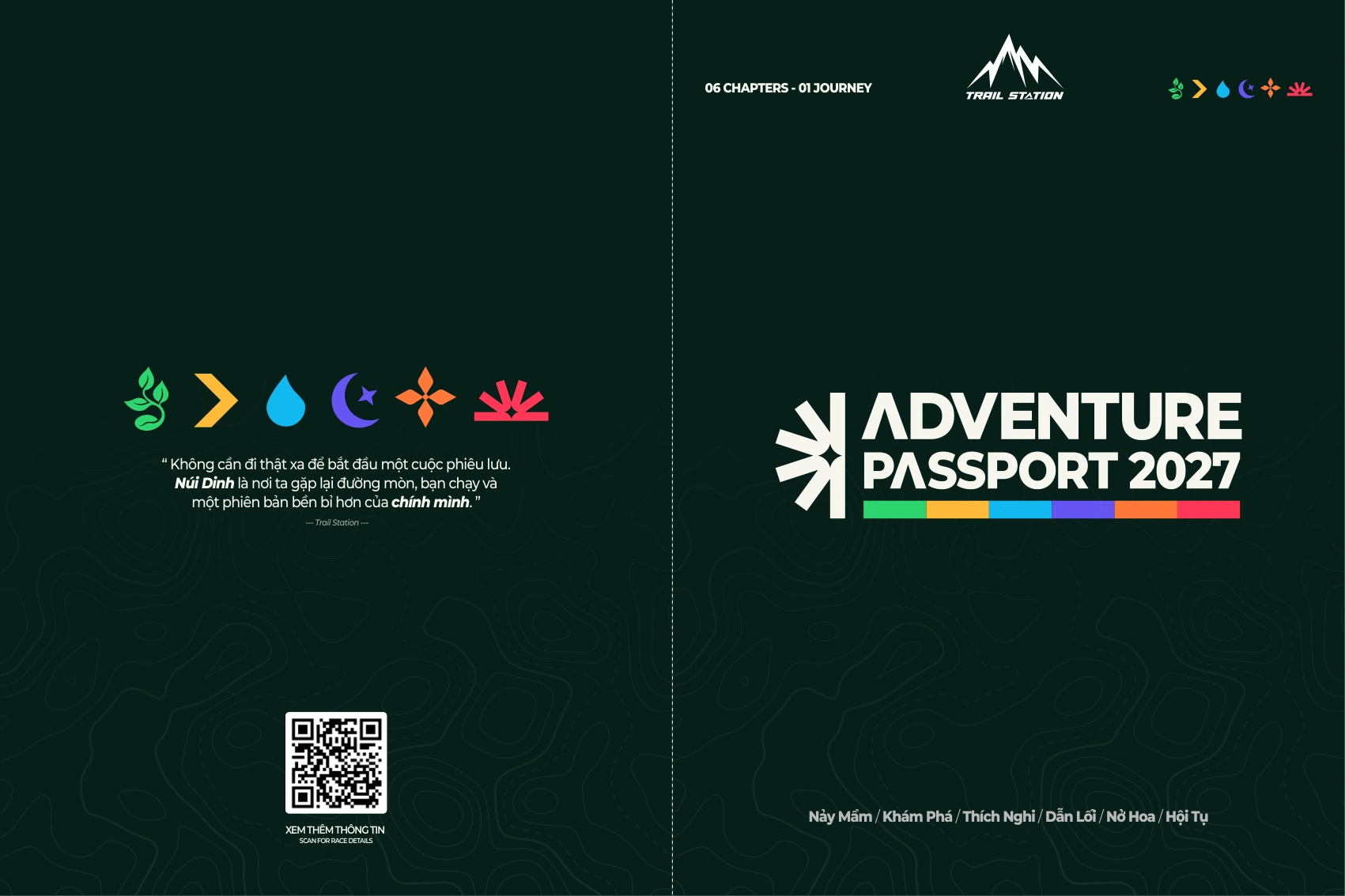 Bản Adventure Passport mới nhất: bìa sau bên trái, bìa trước bên phải, nền xanh Núi Dinh với đường đồng mức, logo mới và sáu motif.